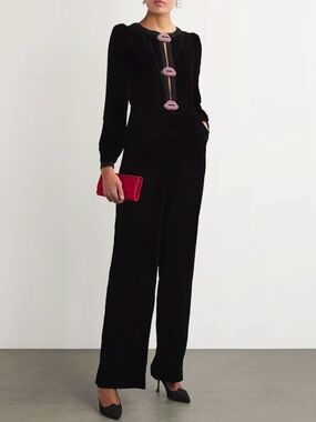 $1050 NWT Saloni Black Velvet Velour Jumpsuit With Kisses Rhinestones
